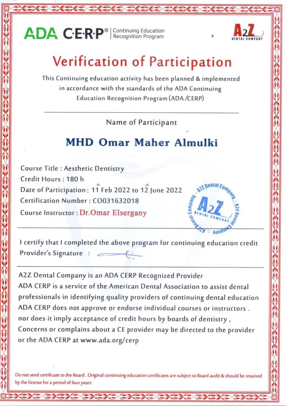 Solitaire Dental Clinic Certificate