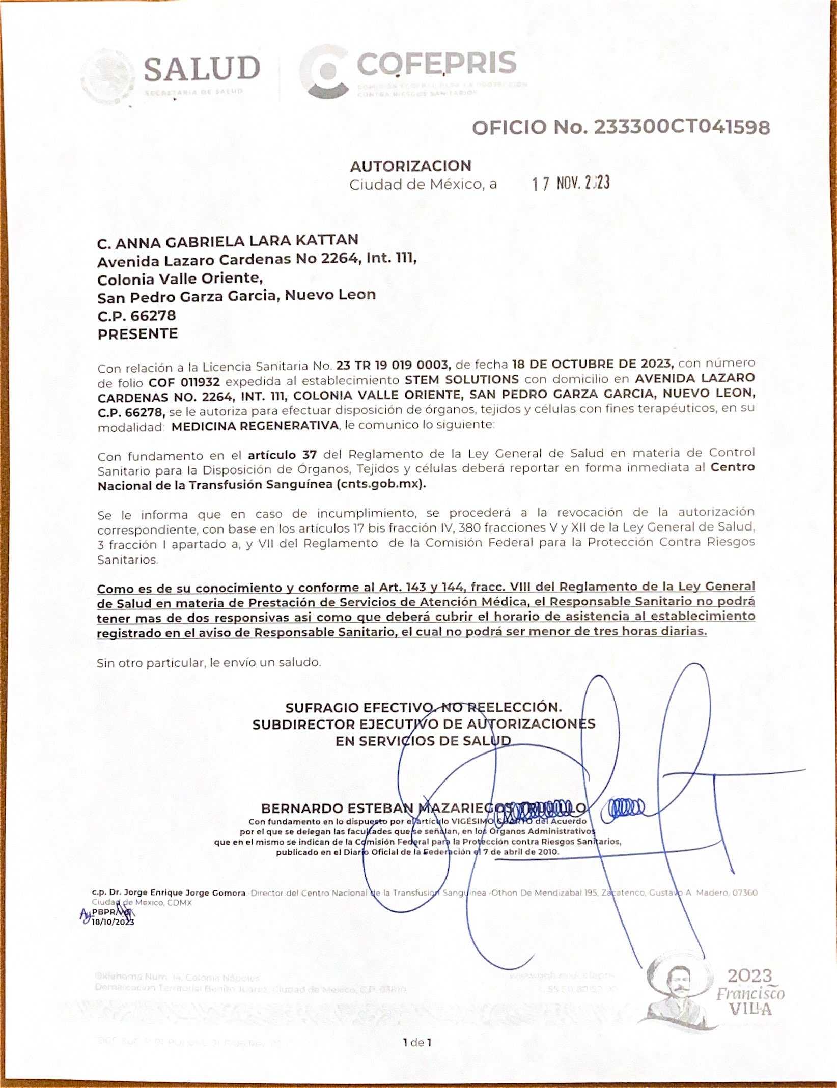 Certificate – COFEPRIS