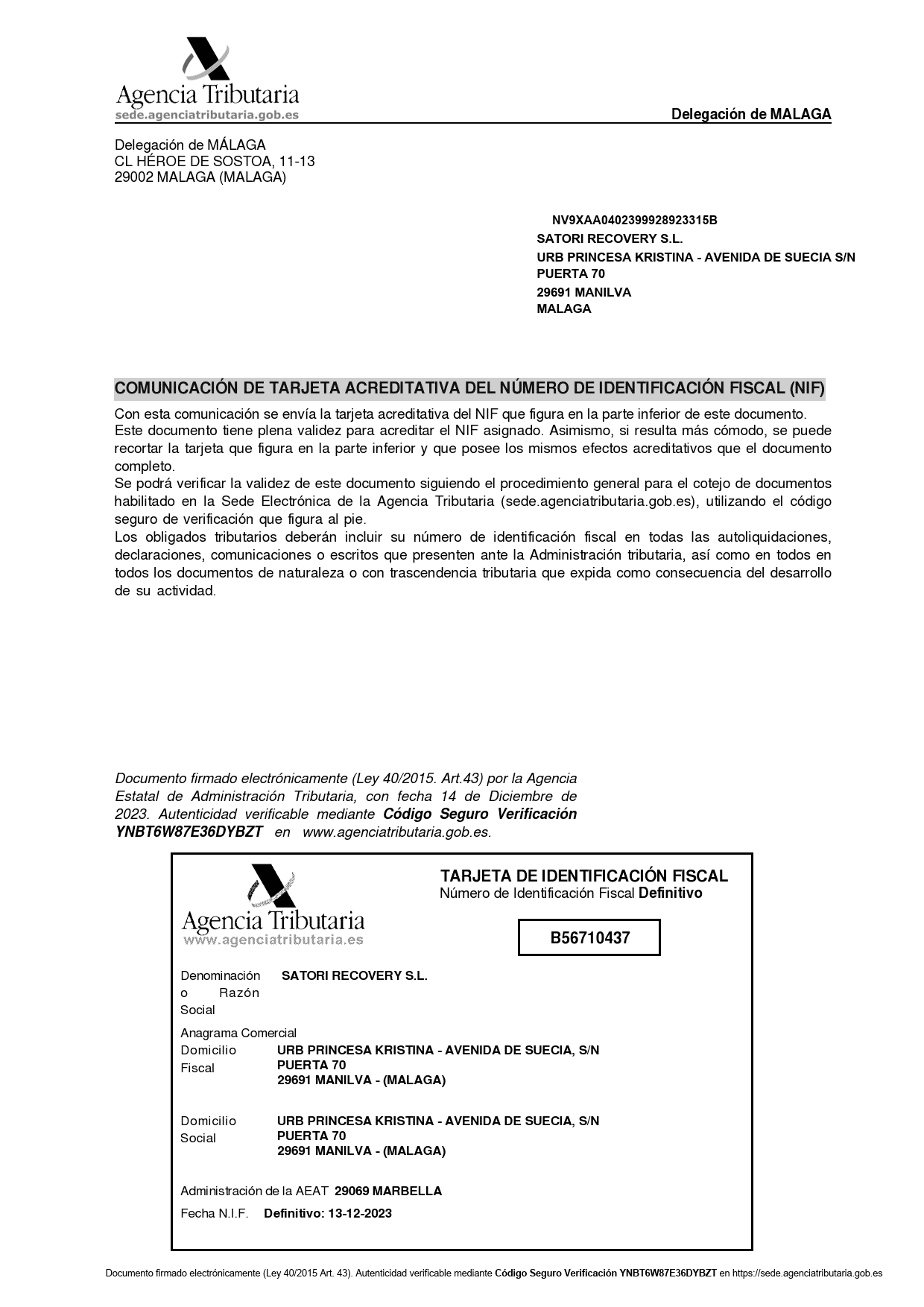 Certificate - Satori Recovery in Malaga Spain