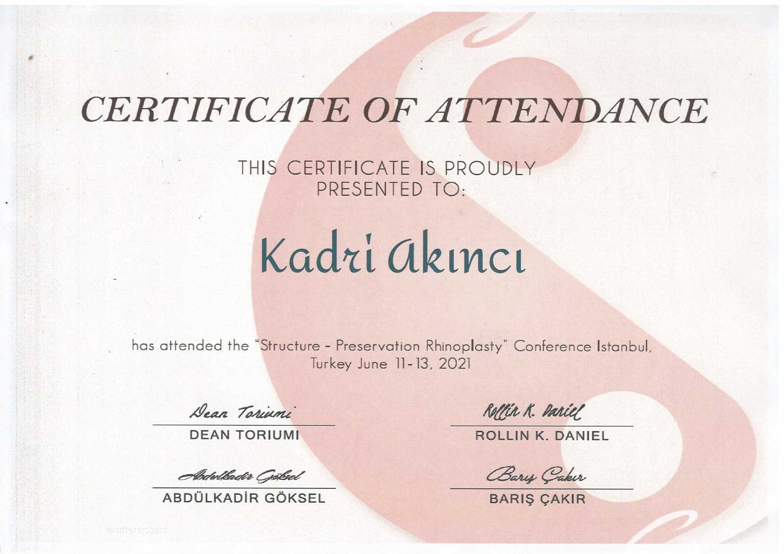 Certificato ricevuto dalla Dott.ssa Kadri Akinci