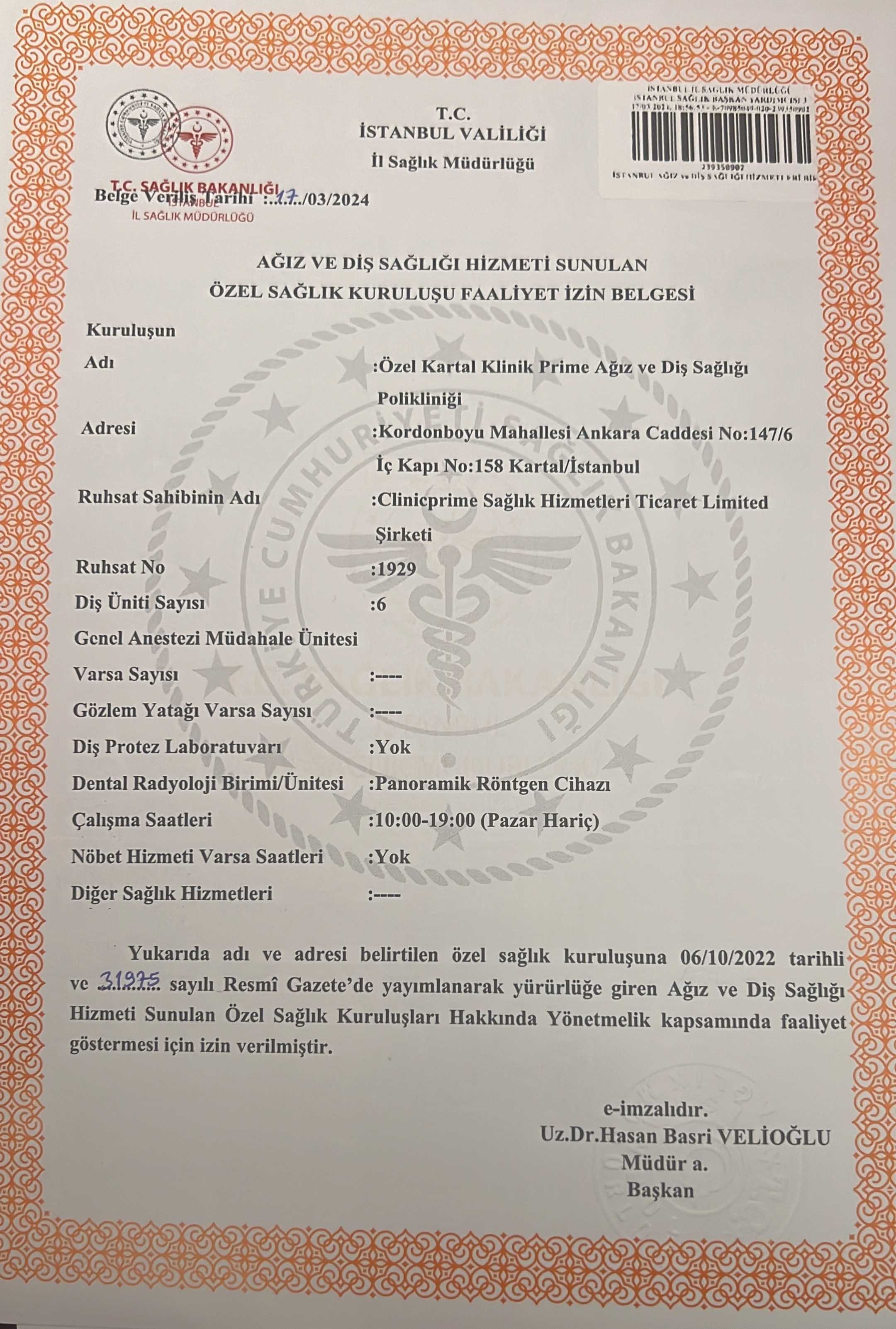 Clinic Prime Istanbul Certificate