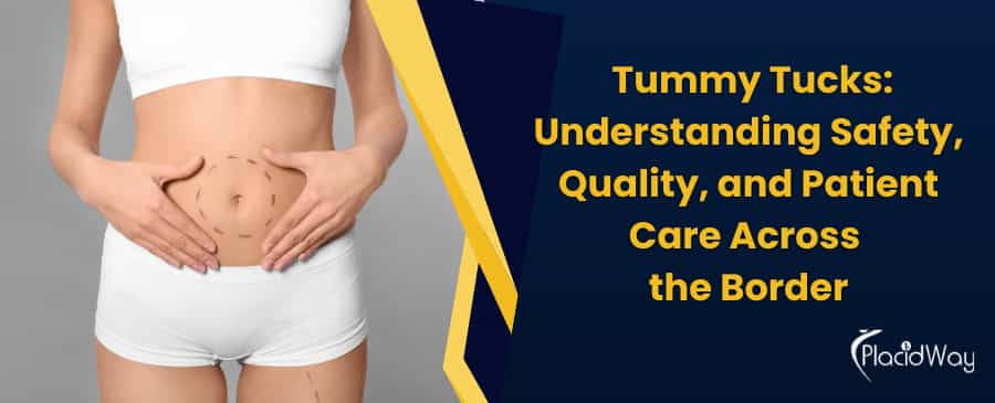 A woman in white shorts touches her marked abdomen, implying surgical preparation. Beside her, text reads 