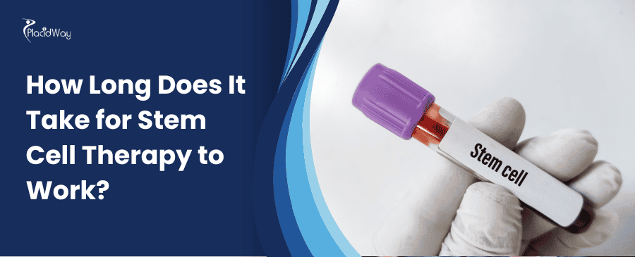 Gloved hand holds a vial labeled "Stem cell" against a white background. Blue curve with text asks about stem cell therapy duration. Medical theme.