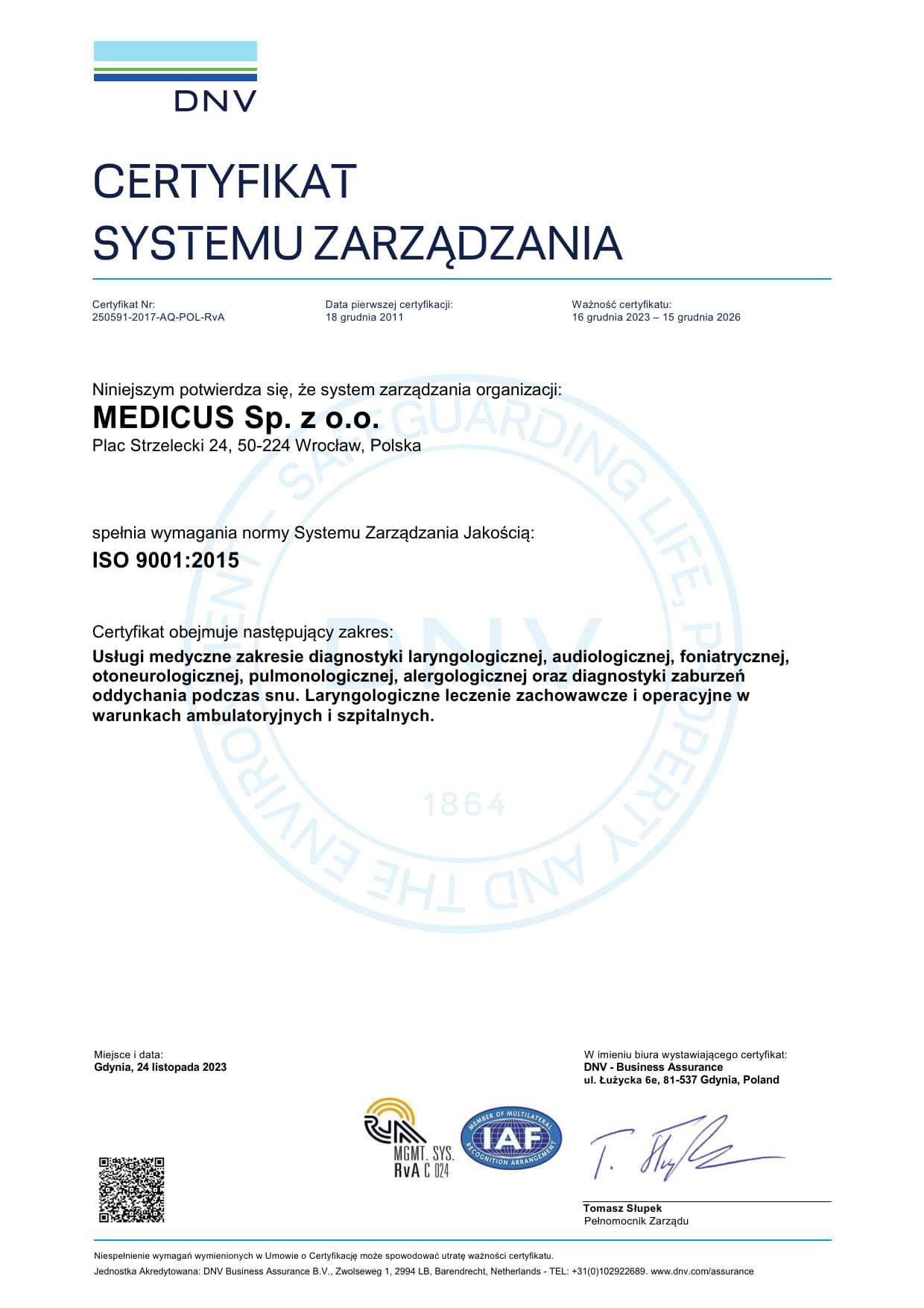 Medicus Clinic Certificate