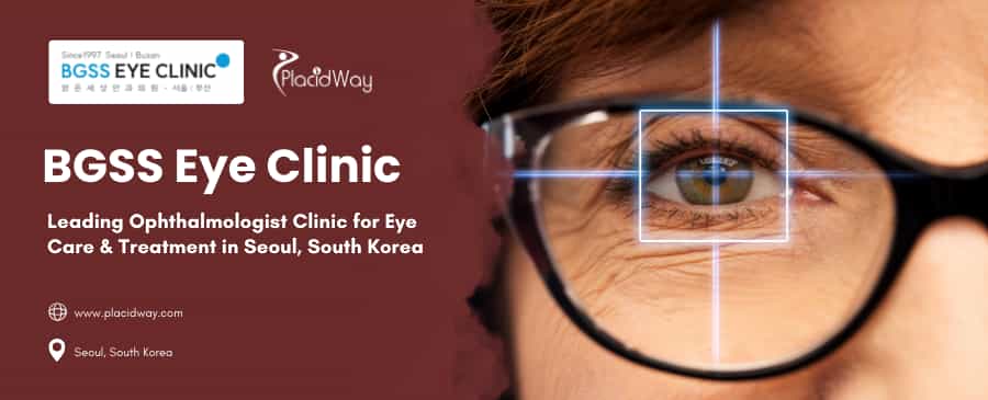 close-up of an eye wearing glasses, crosshairs over the eye, with clinic details. Text mentions leading ophthalmologist clinic in Seoul, south korea