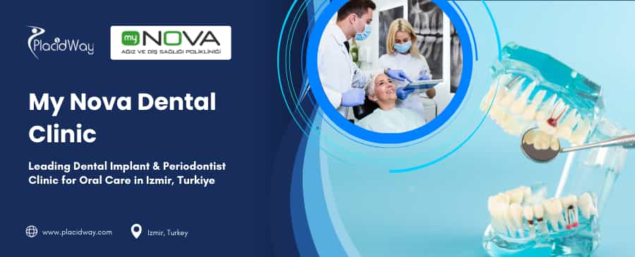 image for My Nova Dental Clinic, Izmir, Turkey. Features a dentist treating a smiling patient and a dental model with tools. Branding and contact info included.