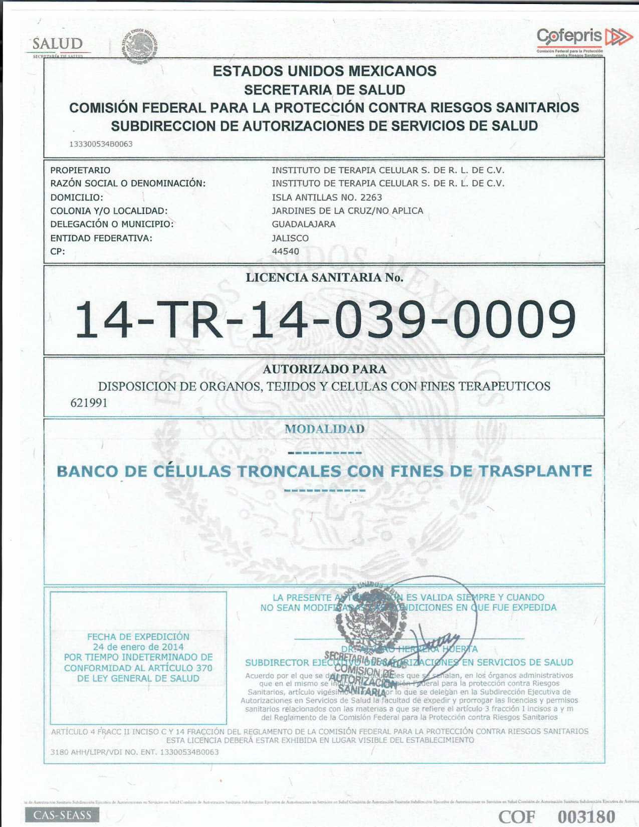 Instituto de Terapia Celular Certificate