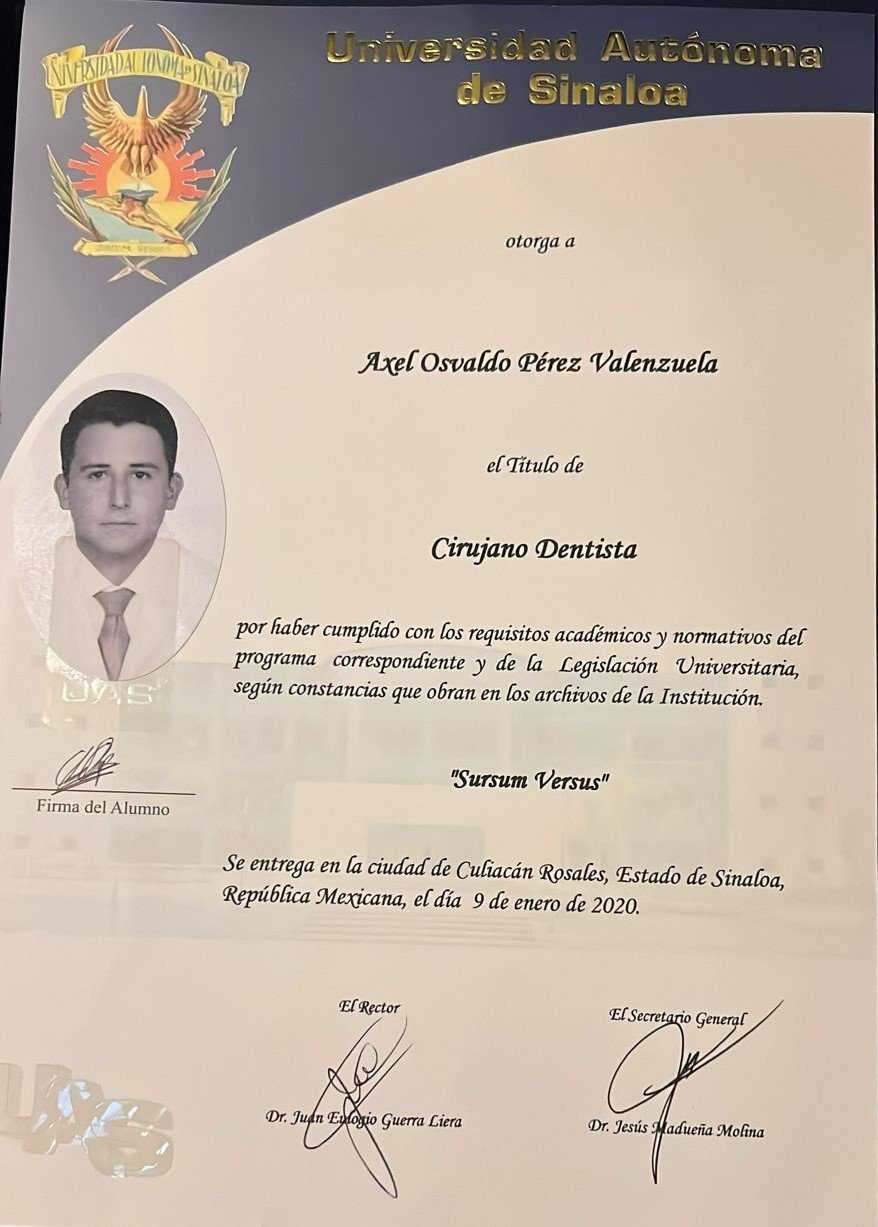 Dr. Axel Perez Dentist in Los Algodones Certificate