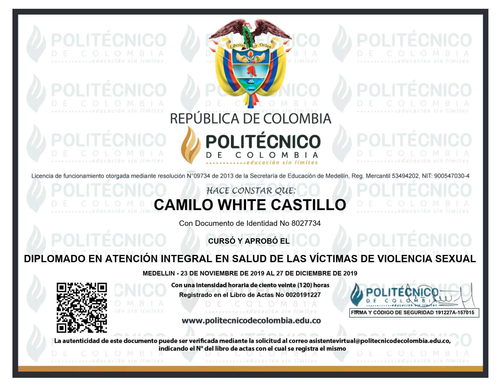 Certificaciones y acreditaciones del Dr. Camilo White