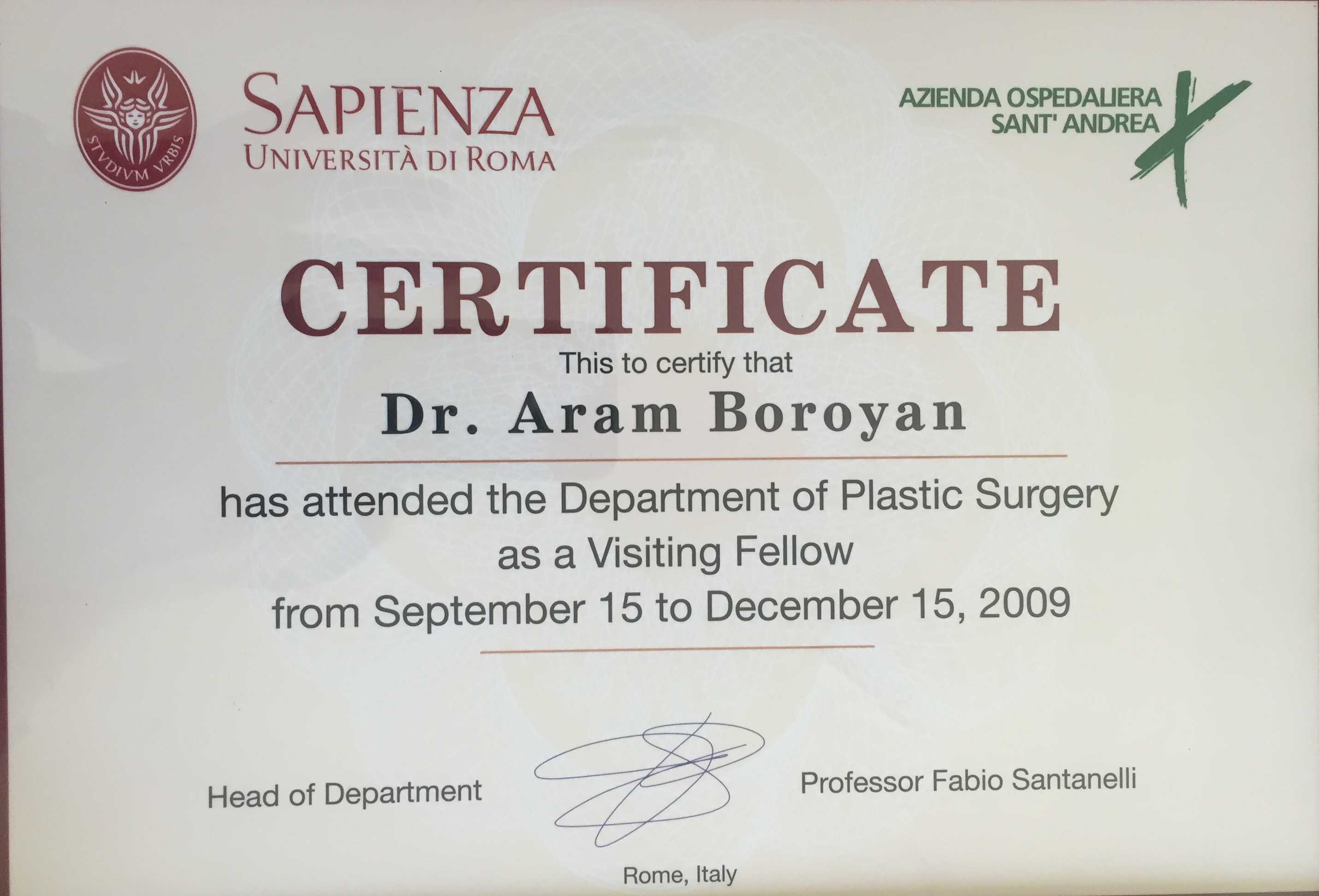 Boroyan Plastic Surgery in Armenia Certificate
