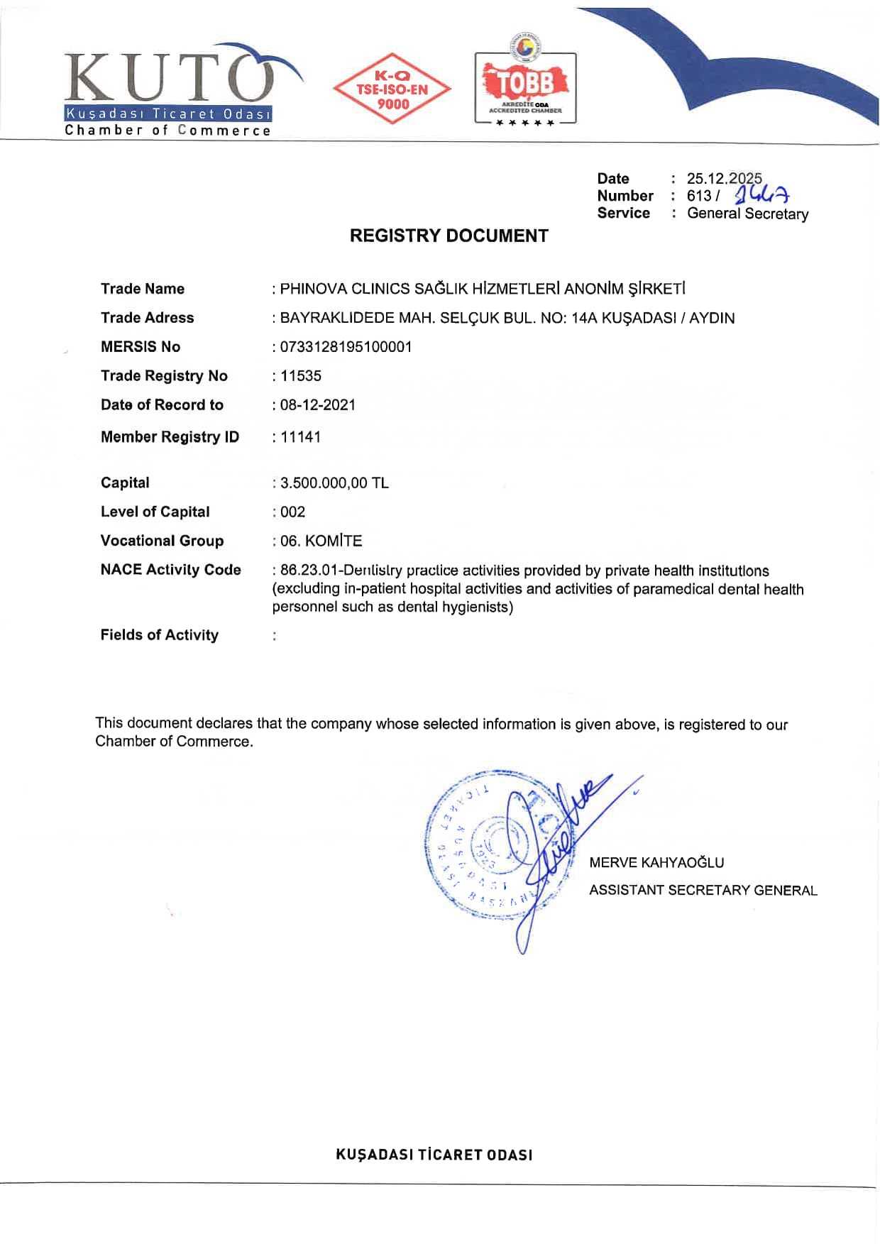 شهادة عيادات فينوفا إزمير