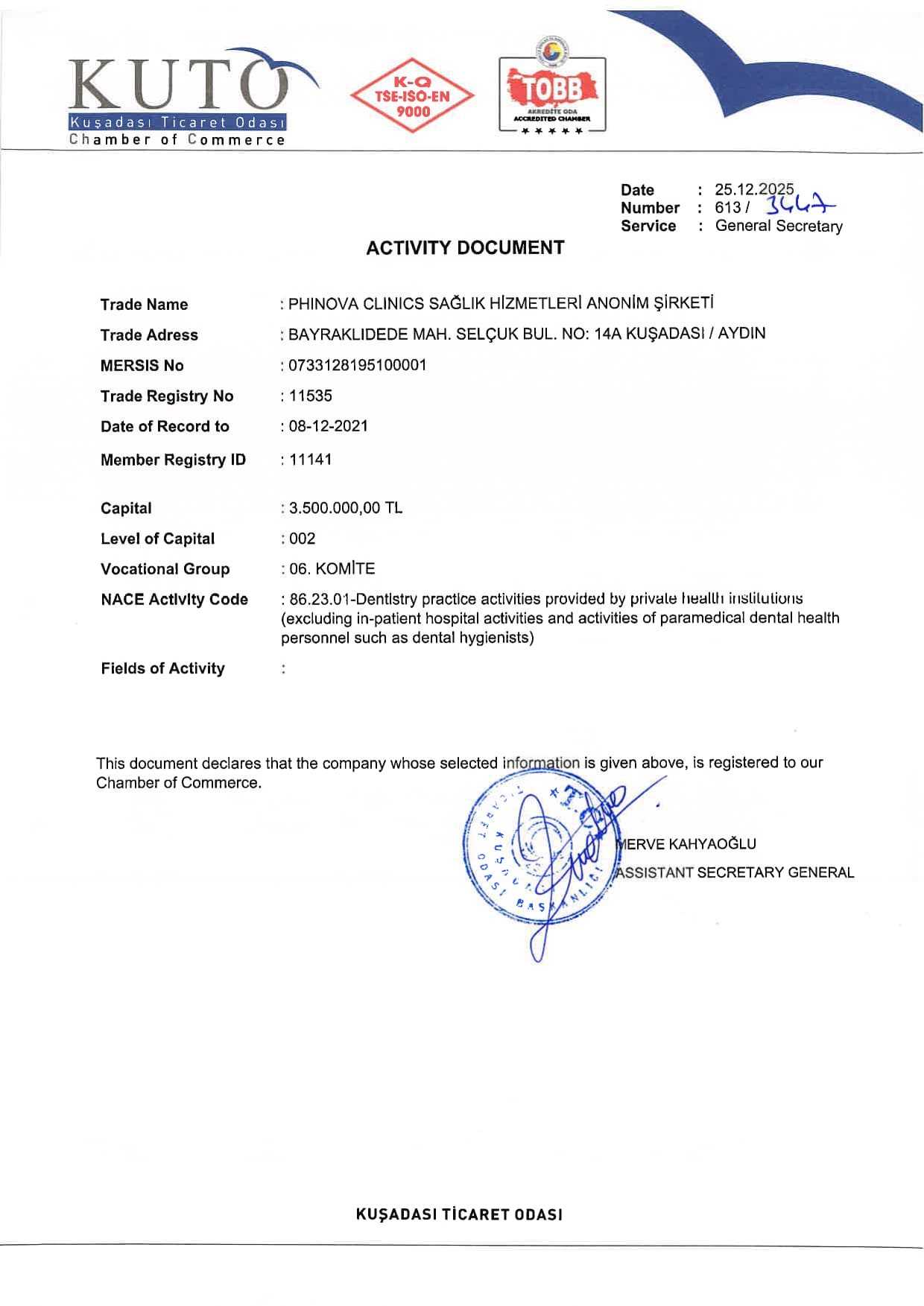 شهادة عيادات فينوفا تركيا