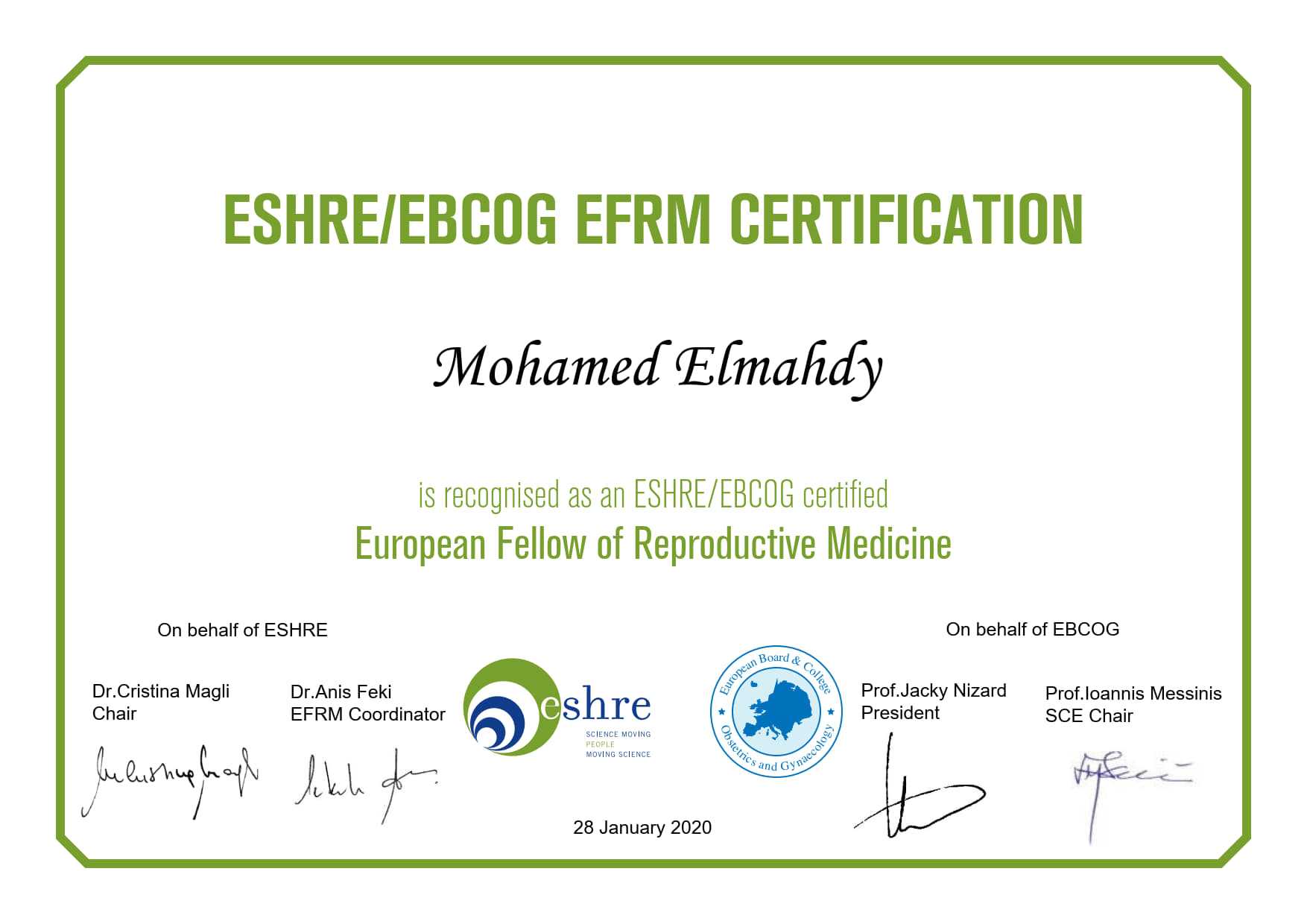 Dr. Mohamed El Mahdy Clinic Certificate