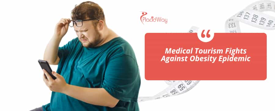 Overweight man checking his phone with weight loss tape