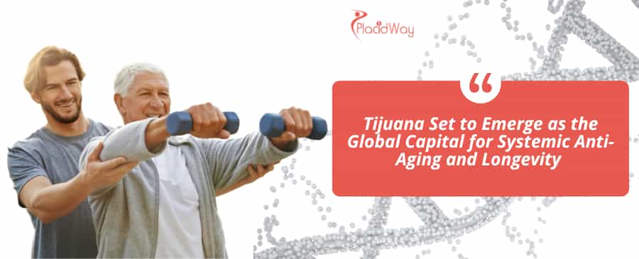 Senior man exercising with light dumbbells assisted by a trainer, representing anti-aging and longevity wellness treatments