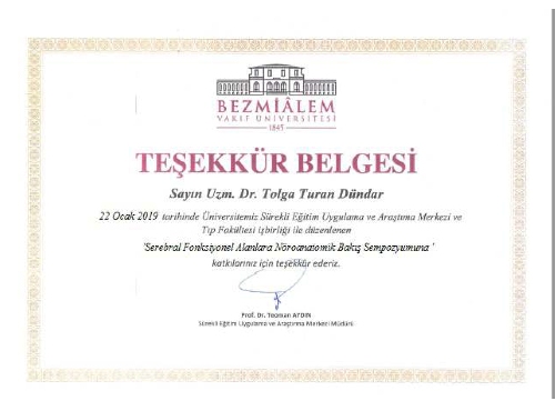 Neurosurgery in Turkey | Assoc. Prof. Dr. Tolga Turan DÜNDAR Certificate