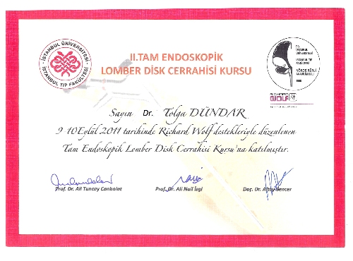 Neurosurgery in Turkey | Assoc. Prof. Dr. Tolga Turan DÜNDAR Certificate