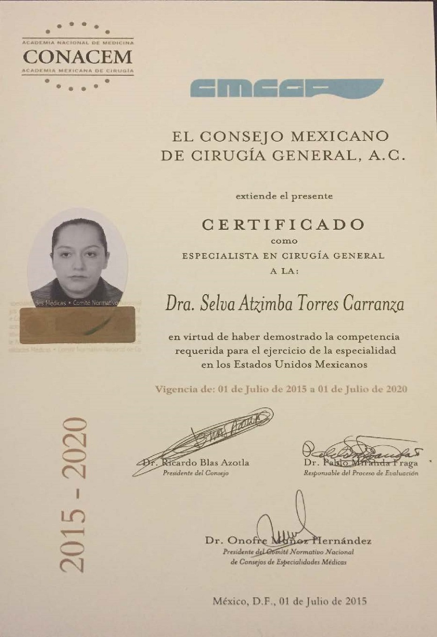 Dra. Selva Atzimba Torres Carranza Certification