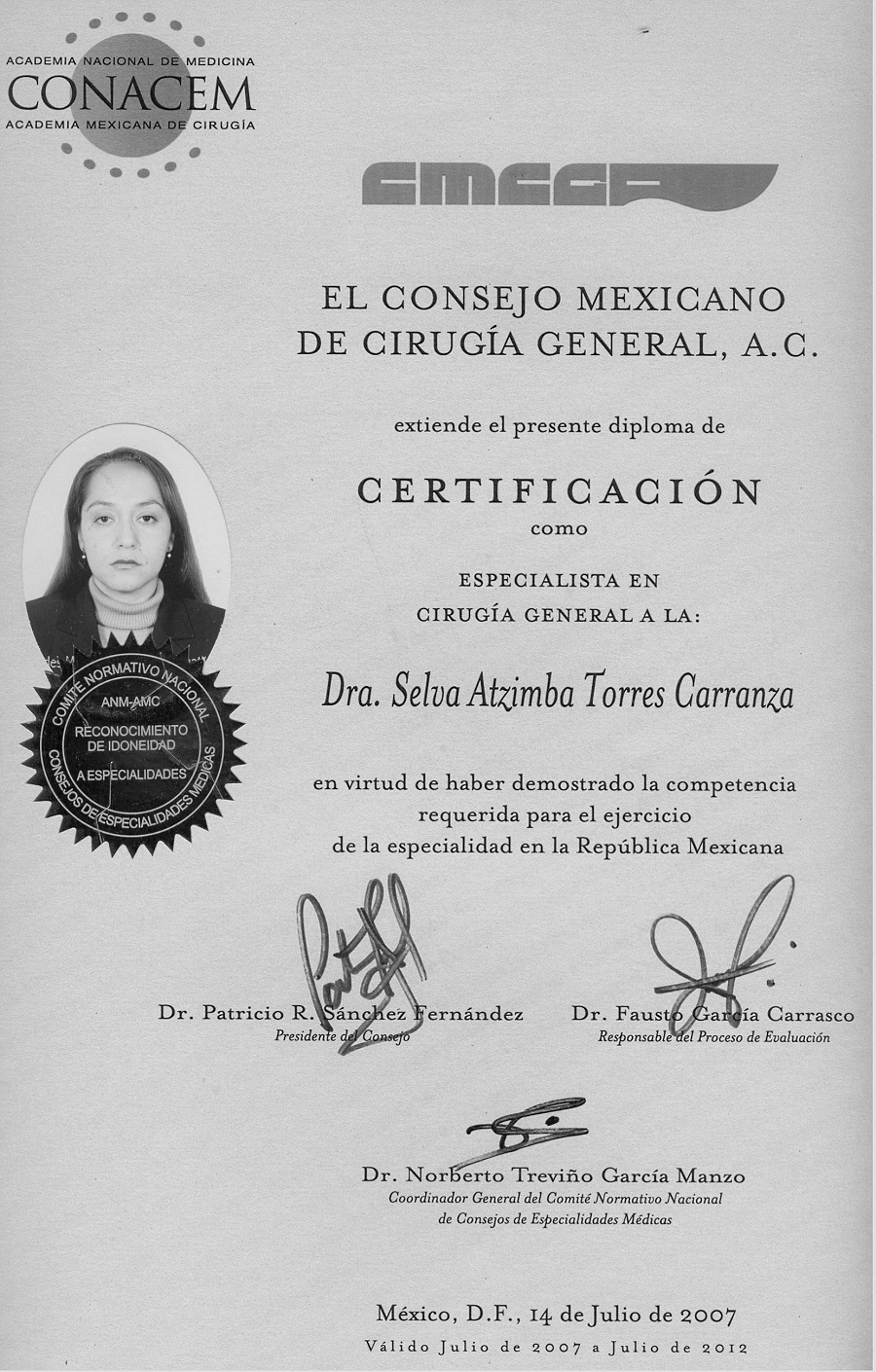 Dra. Selva Atzimba Torres Carranza Academic Certificate