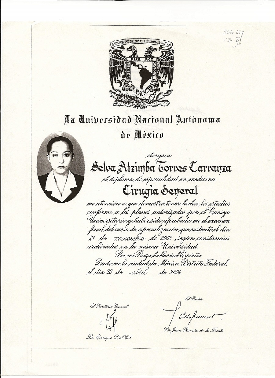 Certificate of Dra. Selva Atzimba Torres Carranza