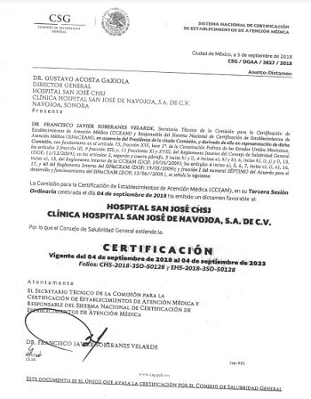 Certificate for Hospital San Jose