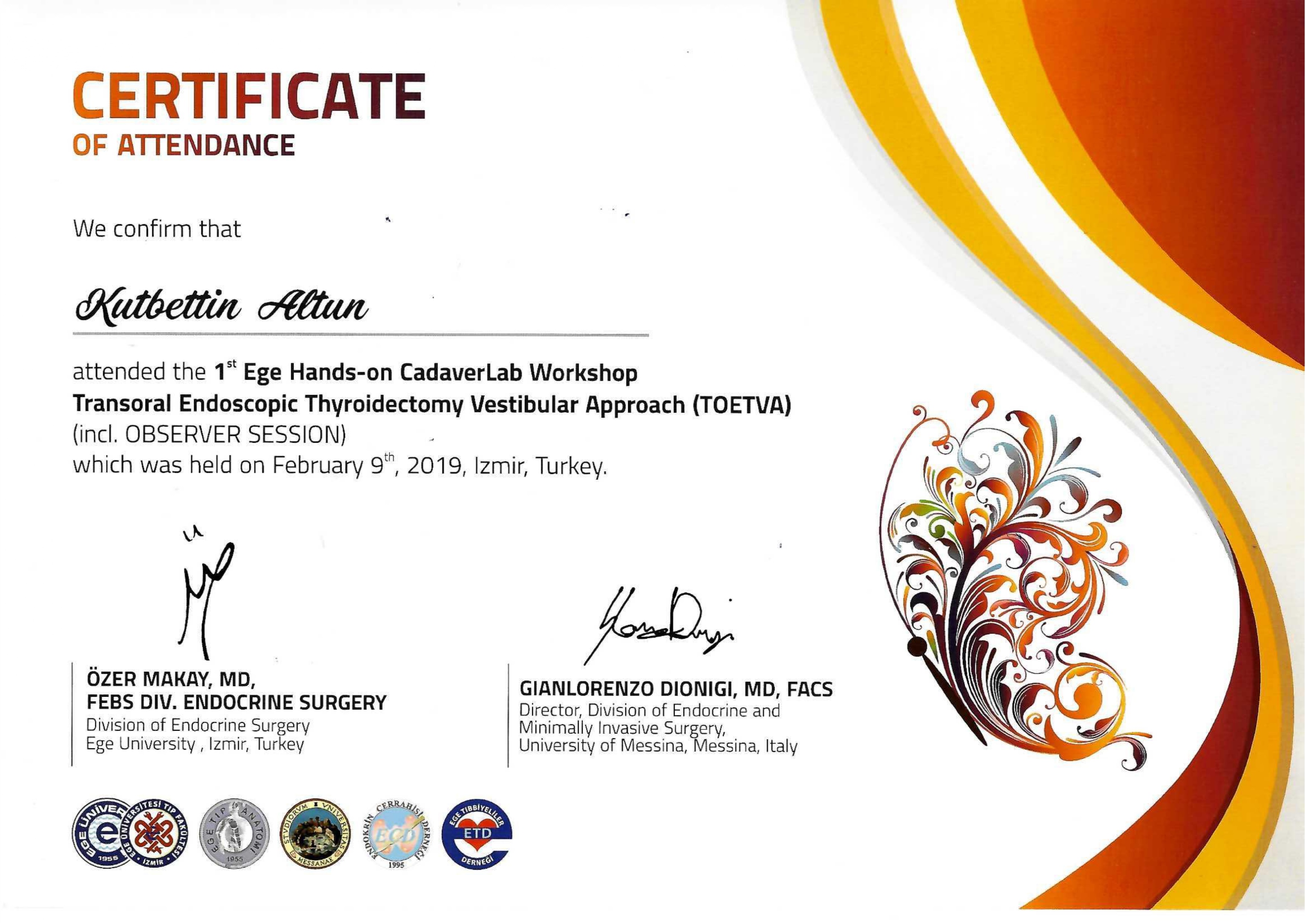 Dr. Kutbettin Altun Certificate 