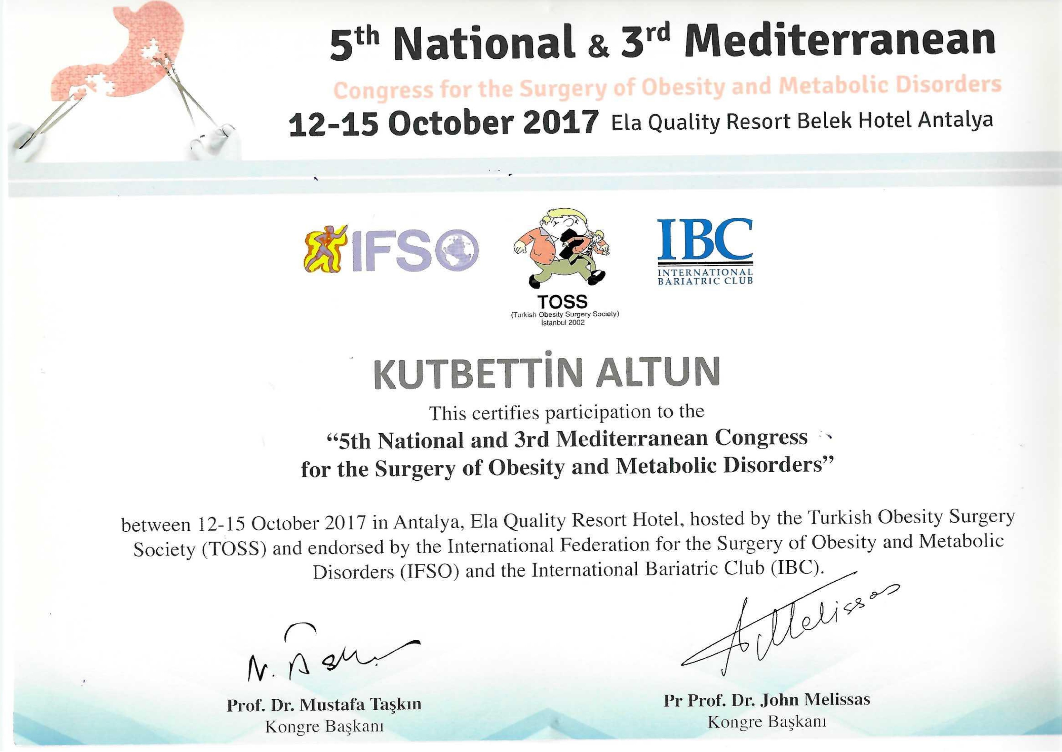 Dr. Kutbettin Altun Certificate