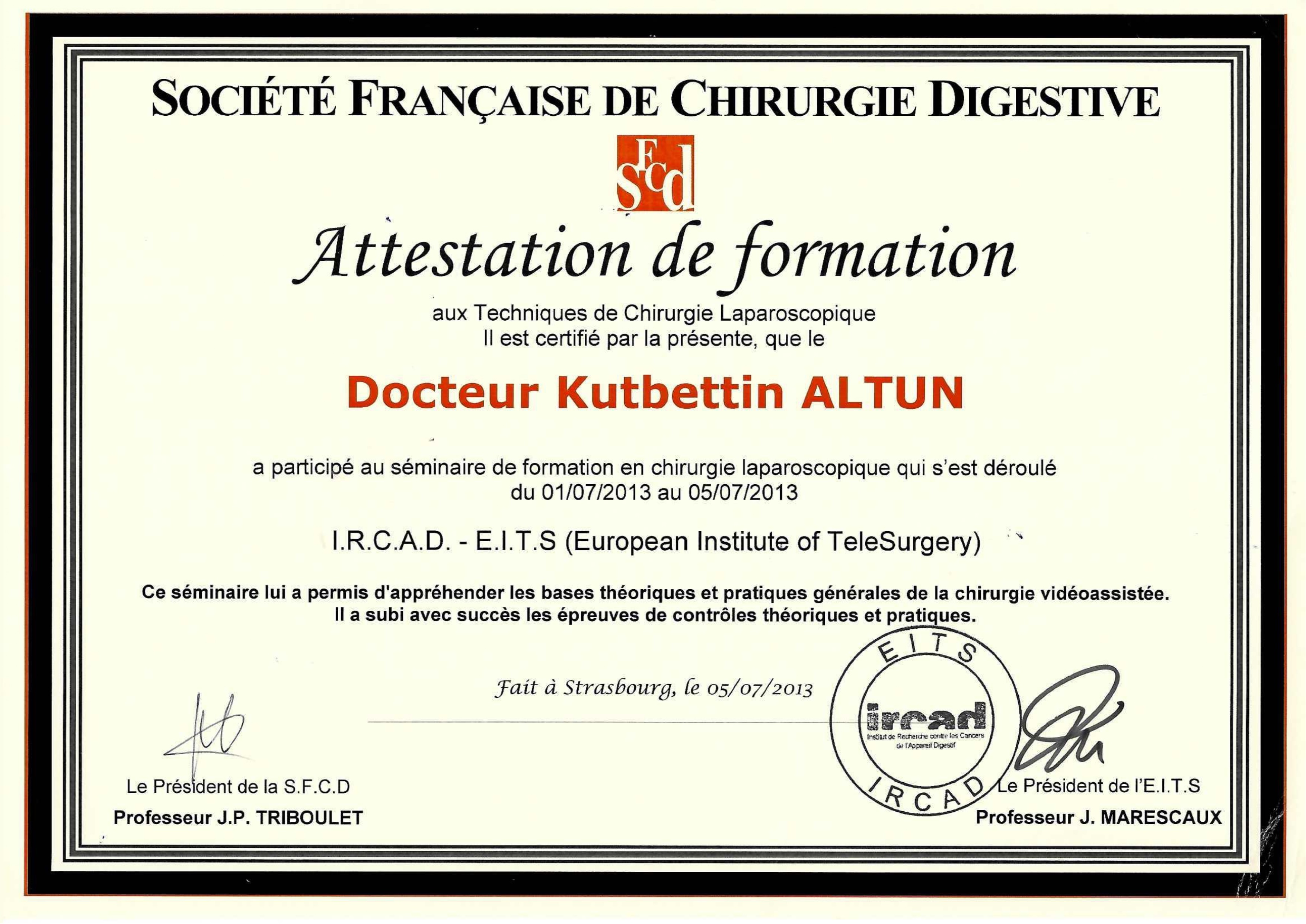Dr. Kutbettin Altun Certificate