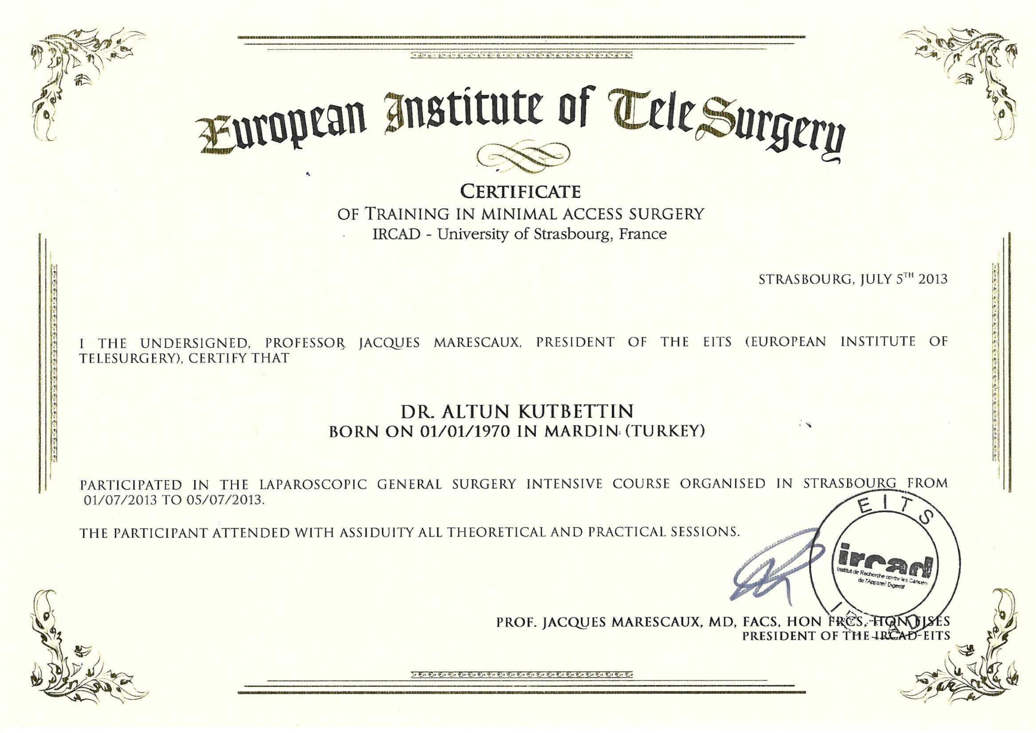 Dr. Kutbettin Altun Certificate