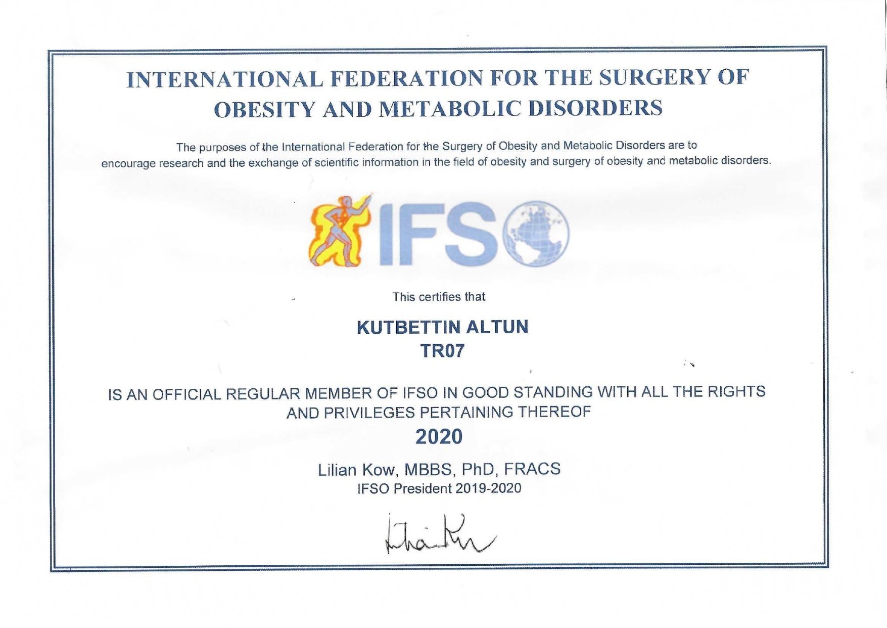 Dr. Kutbettin Altun Certificate