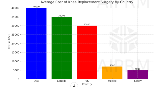  average cost graph of knee replacement surgery across different countries,