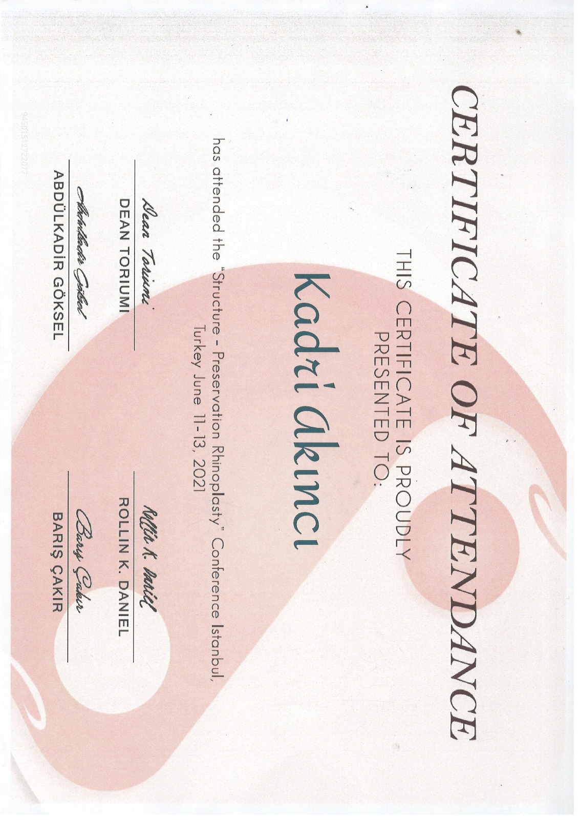 Certificate Received by Dr. Kadri Akinci