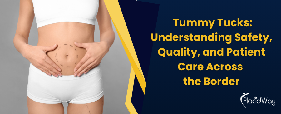 A woman in white shorts touches her marked abdomen, implying surgical preparation. Beside her, text reads 