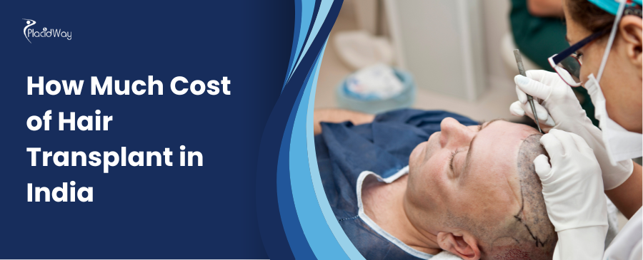 A doctor performs a hair transplant on a patient, who is lying down with marked scalp areas. Text reads "How Much Cost of Hair Transplant in India."