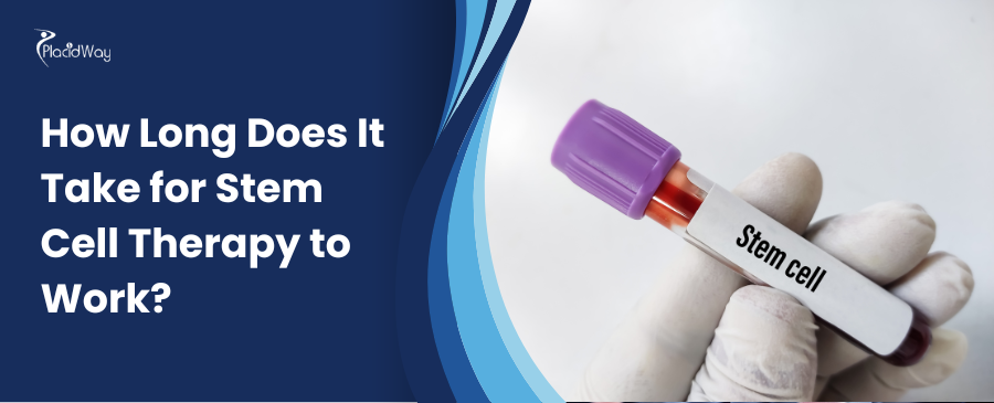 Gloved hand holds a vial labeled "Stem cell" against a white background. Blue curve with text asks about stem cell therapy duration. Medical theme.