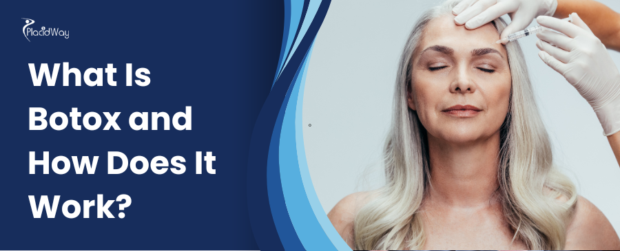 A woman with closed eyes receives a Botox injection in her forehead. Text on the left reads, "What Is Botox and How Does It Work?" The tone is calm and clinical.